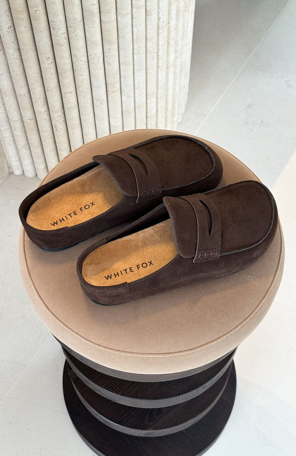 White Fox Cayson Loafer Slides Chocolate Faux Suede