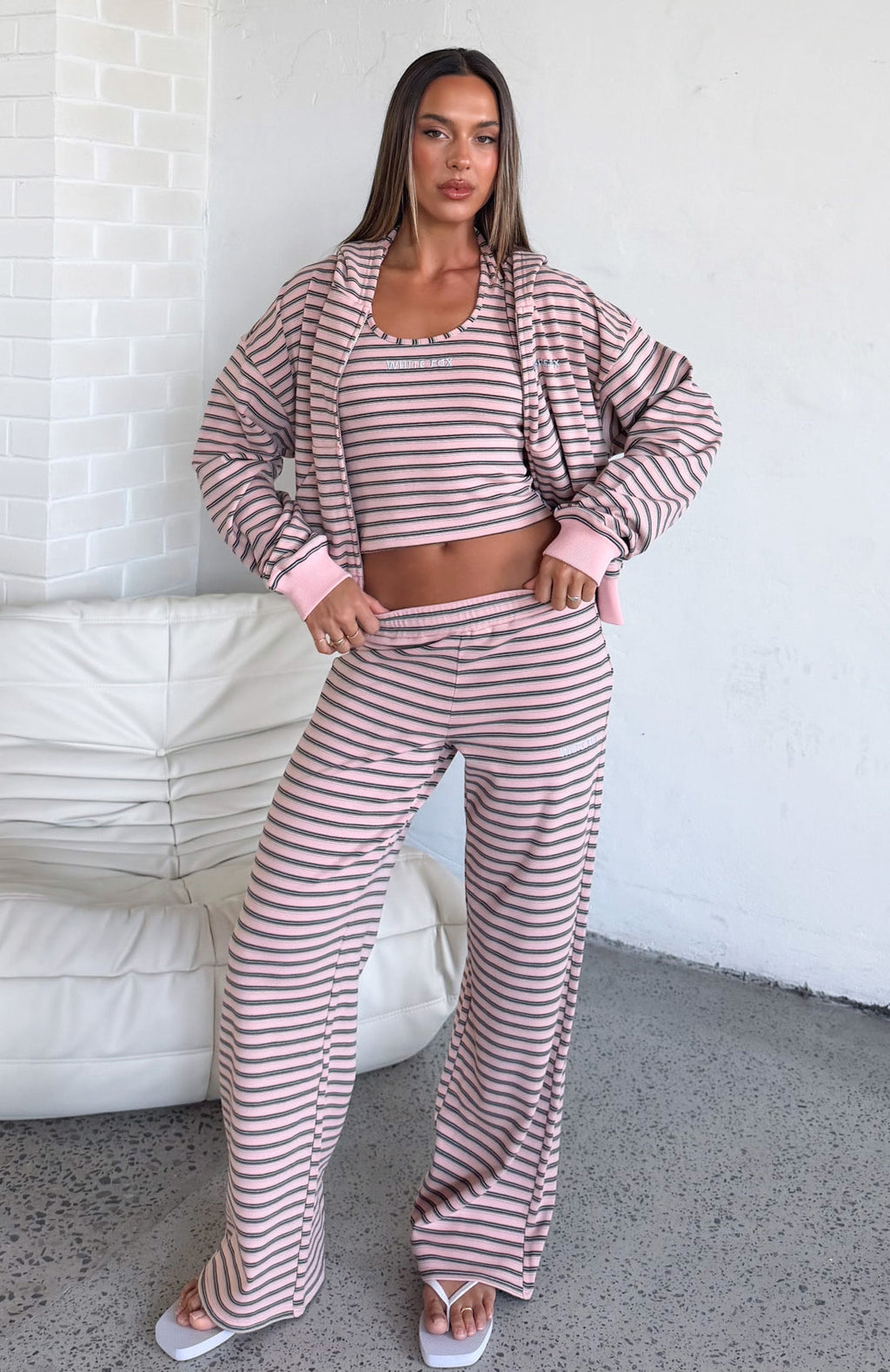 White Fox Looking Back Wide Leg Pants Pink Stripe