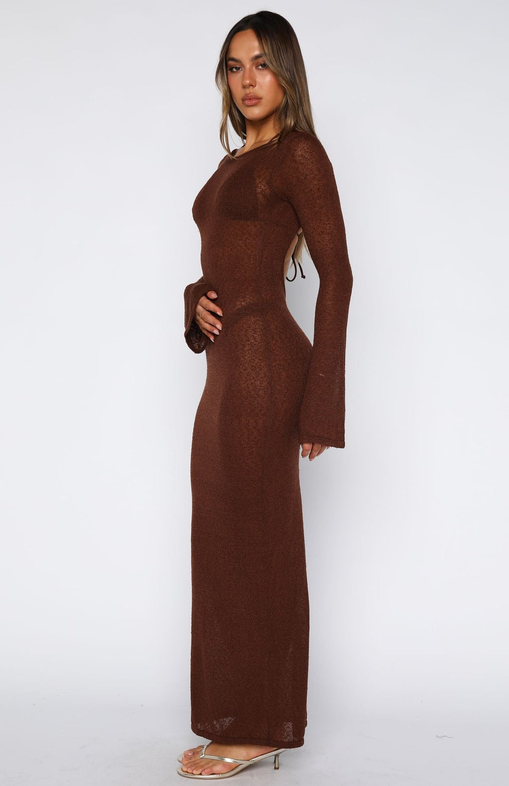 White Fox Malta Mermaids Long Sleeve Maxi Dress Chocolate