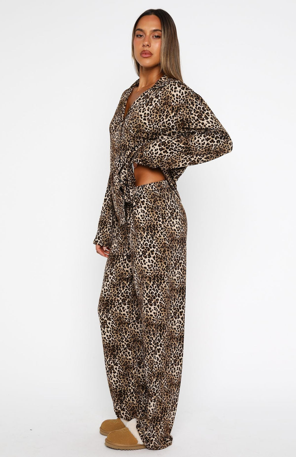 White Fox Pillow Talk Printed Long Sleeve Pyjama Set Leopard