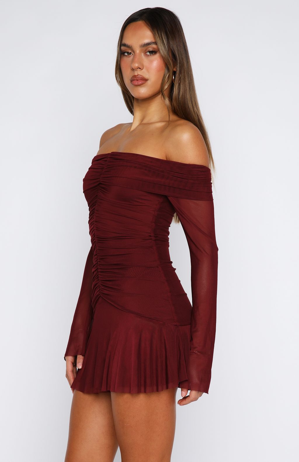 White Fox Dreaming Of Yesterday Long Sleeve Mini Dress Burgundy
