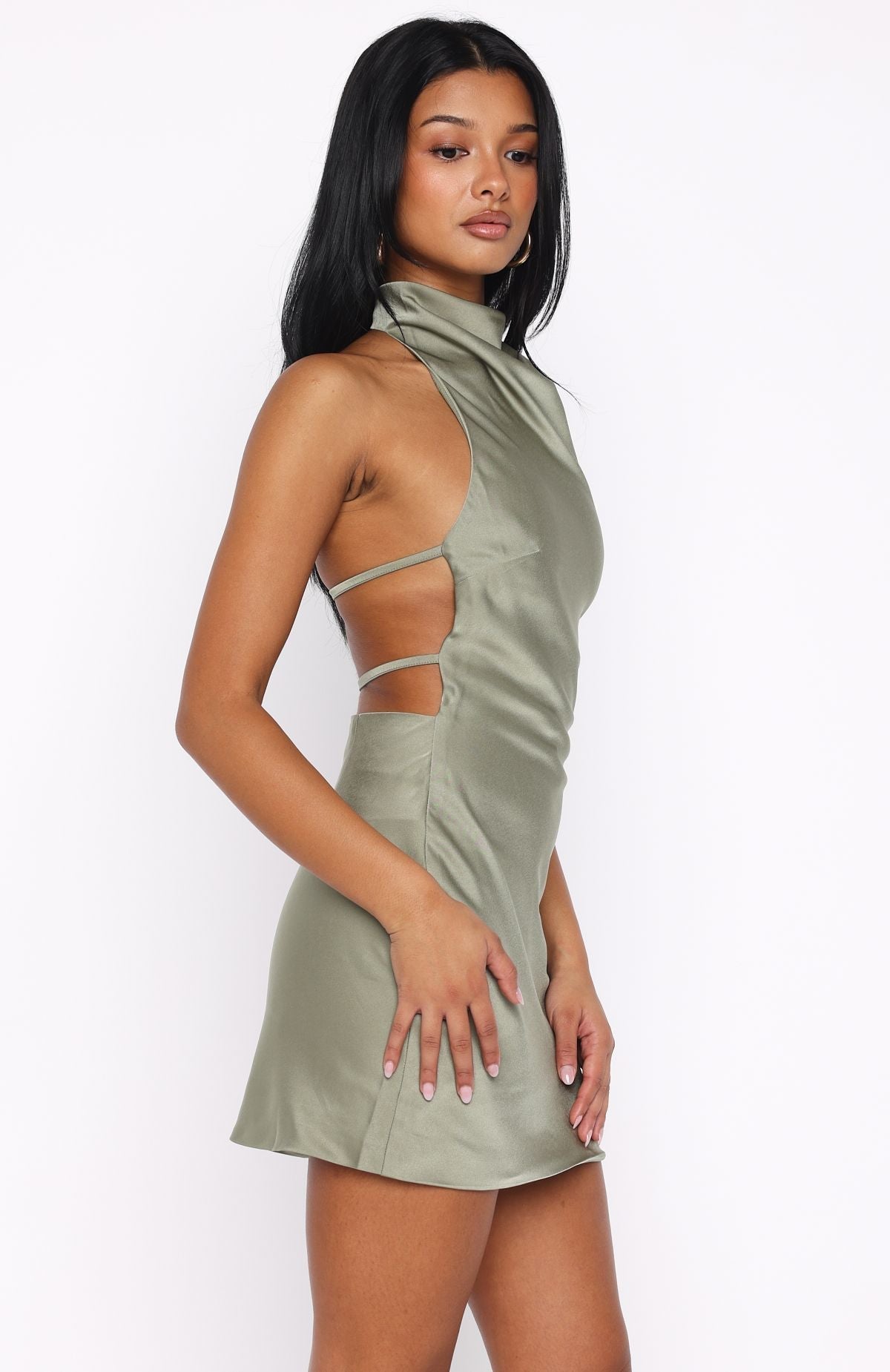 White Fox Just Small Talk Halter Mini Dress Khaki