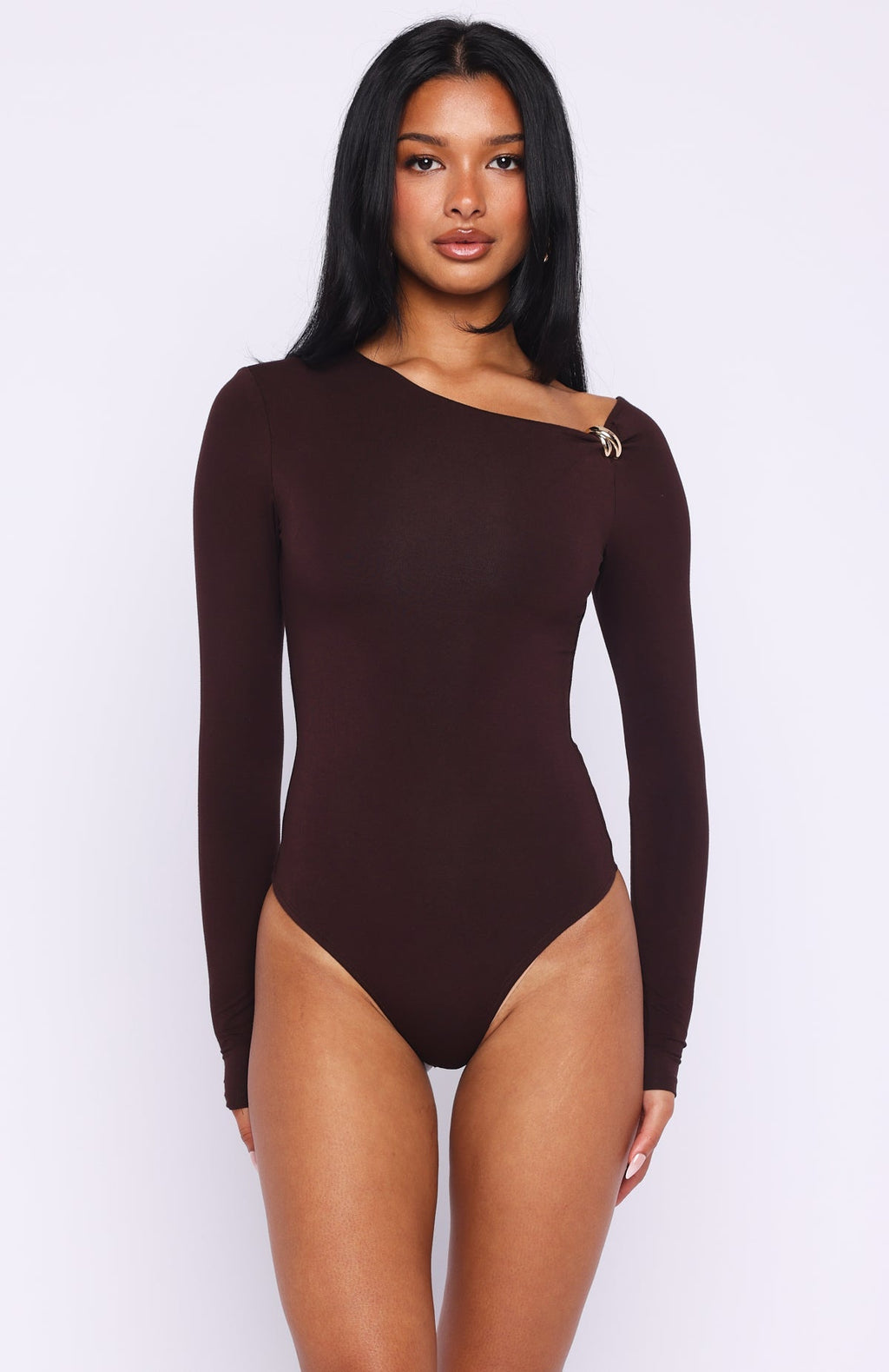 White Fox Double Down Long Sleeve Bodysuit Dark Chocolate