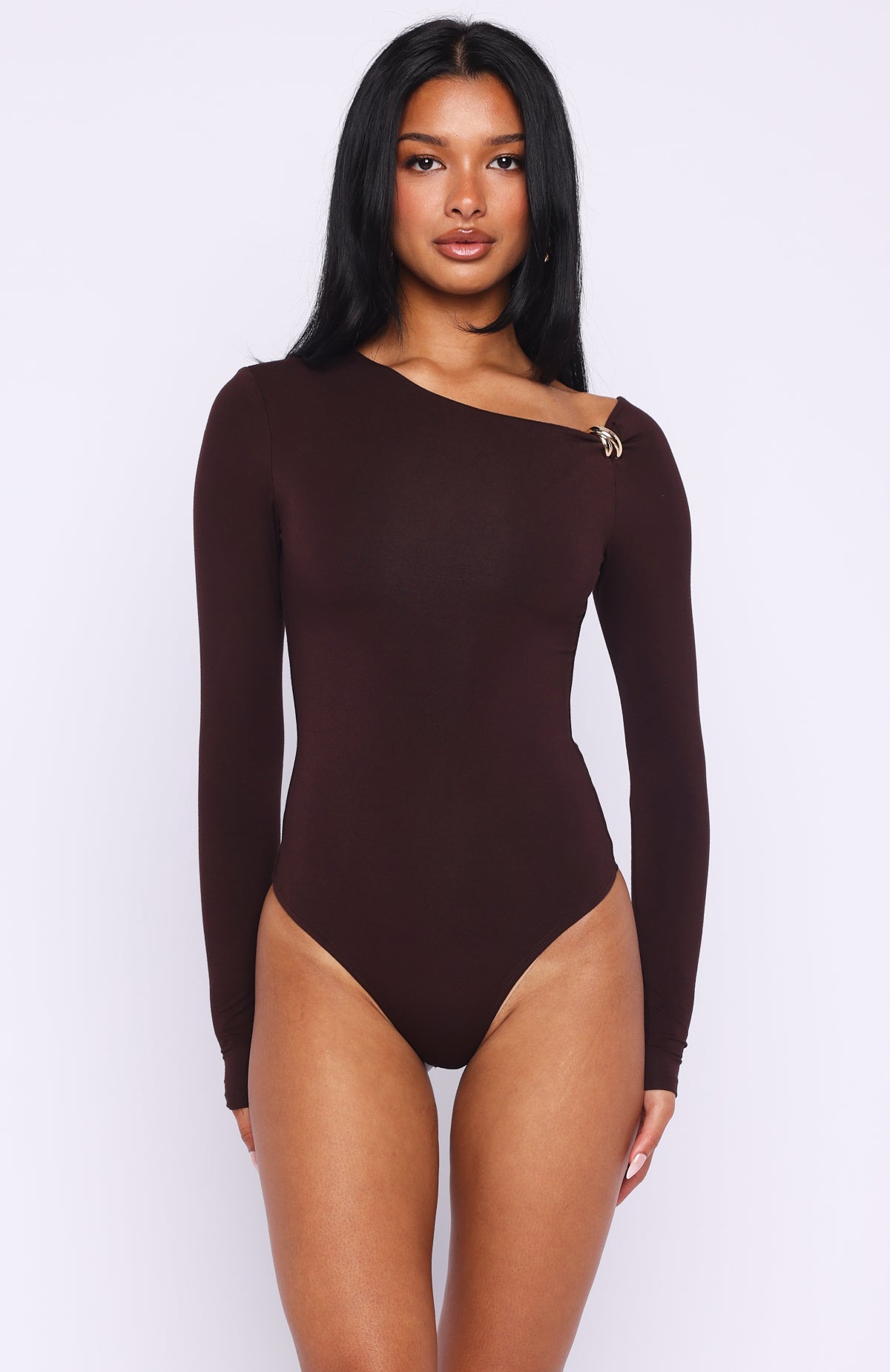 White Fox Double Down Long Sleeve Bodysuit Dark Chocolate