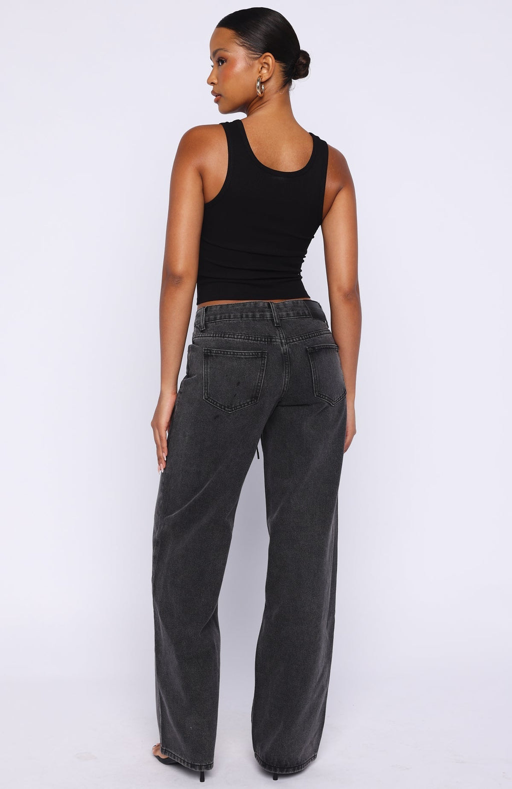White Fox Making Appearances Mid Rise Lace Up Straight Leg Jeans Black Acid Wash