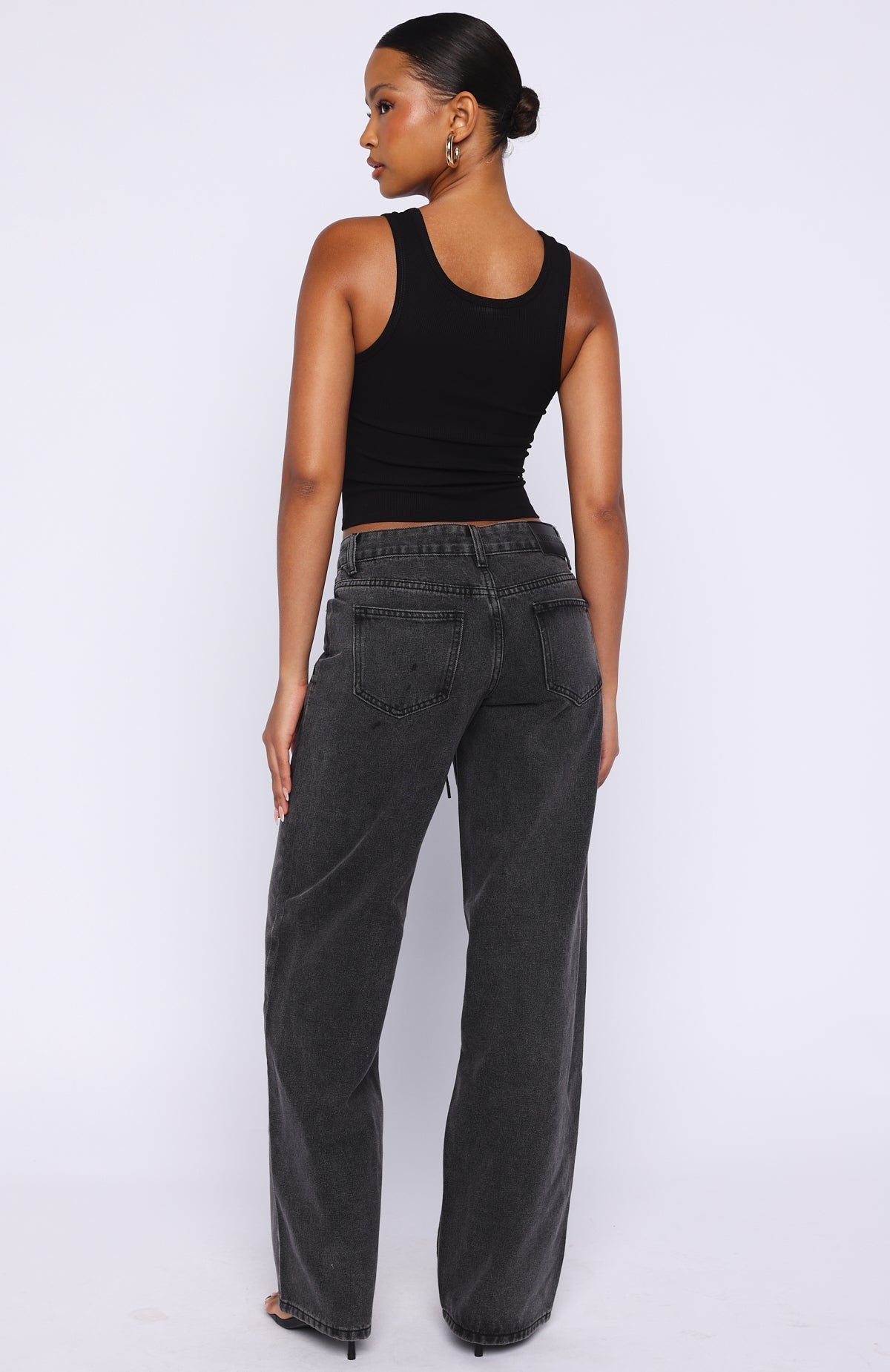 White Fox Making Appearances Mid Rise Lace Up Straight Leg Jeans Black Acid Wash