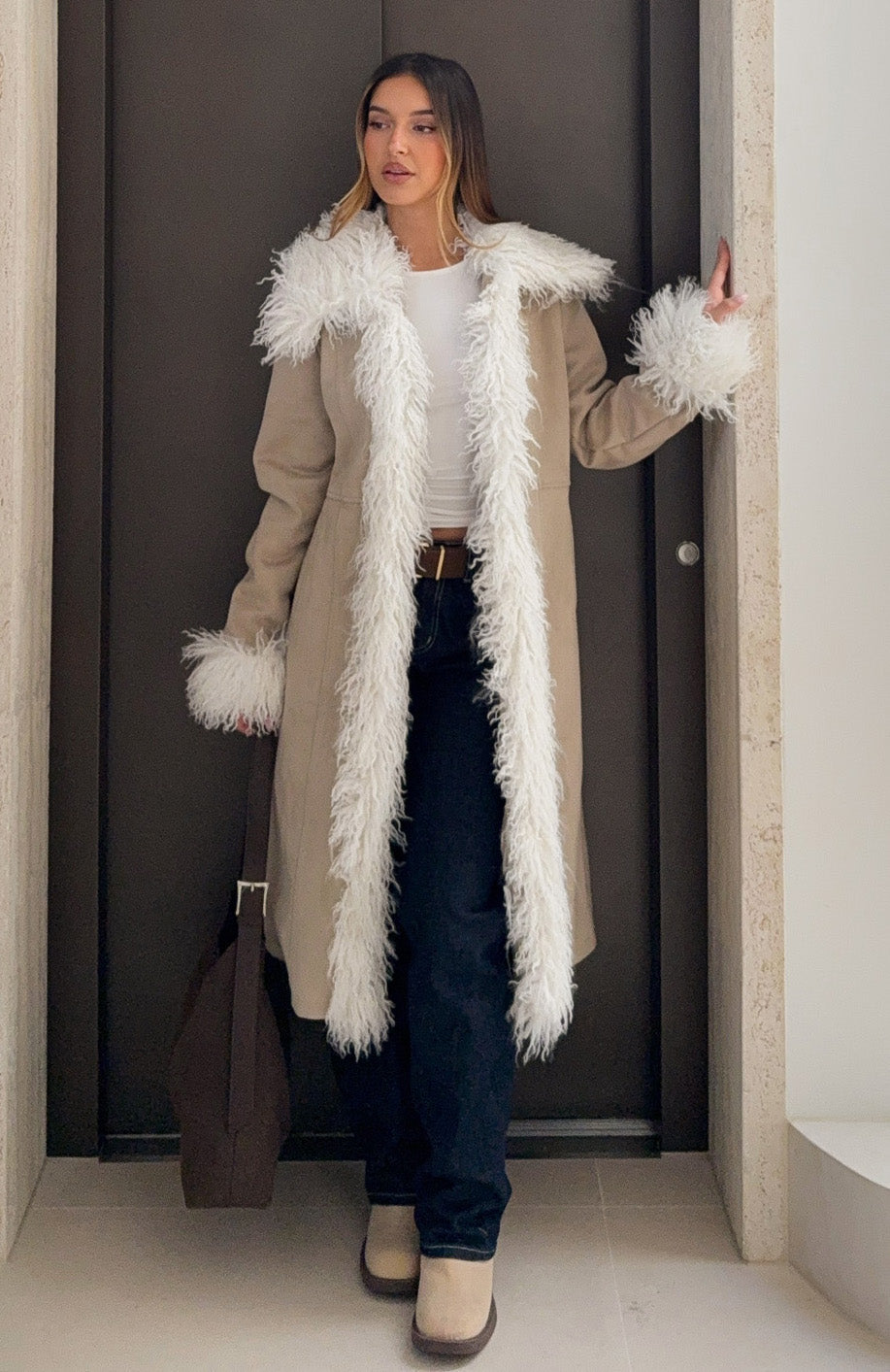 White Fox Help Me Down Coat Beige