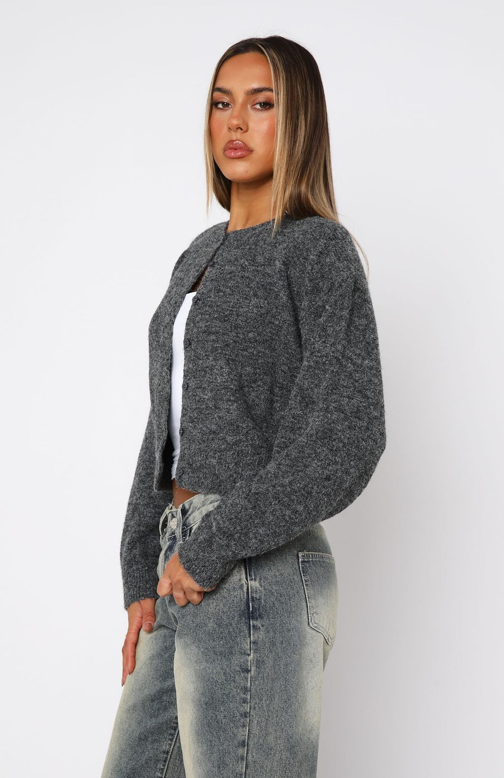 White Fox Warm Whispers Knit Cardigan Charcoal