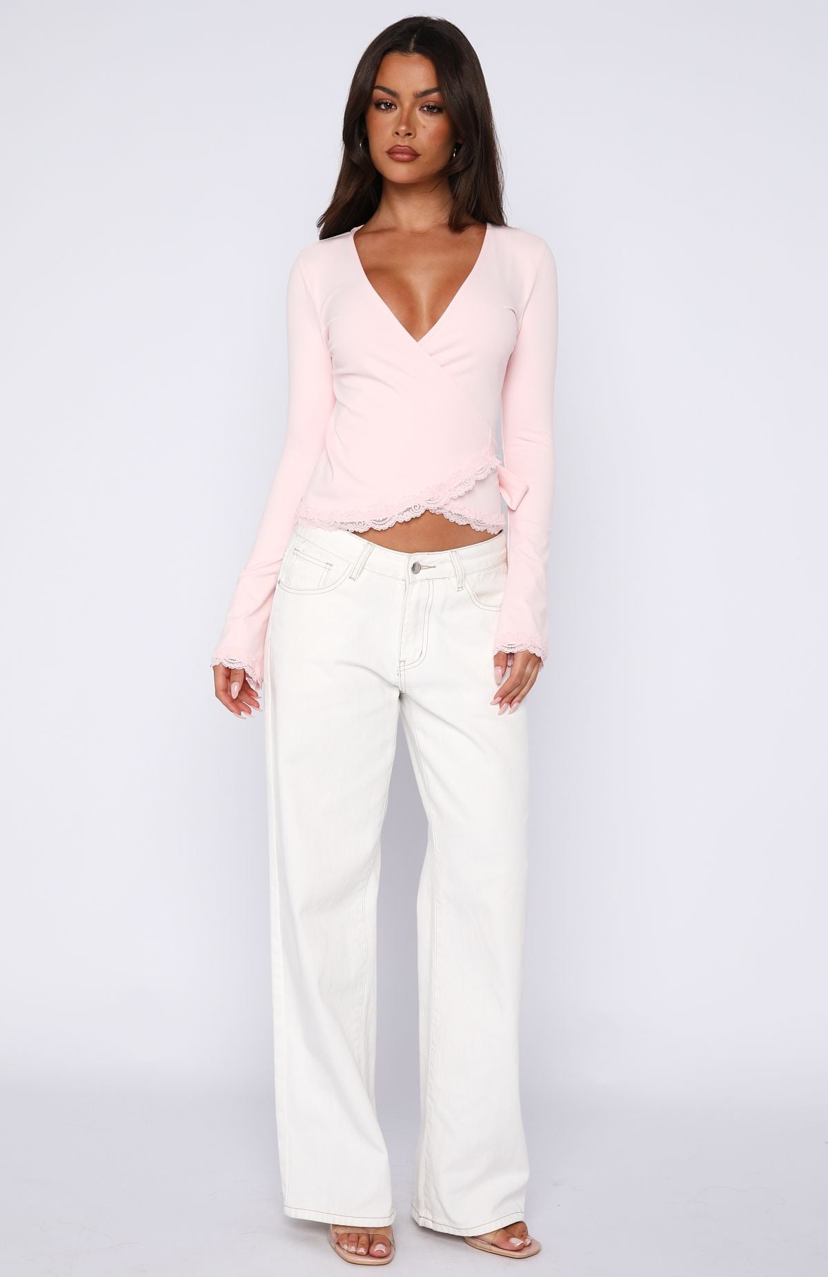 White Fox Cater To You Long Sleeve Top Baby Pink