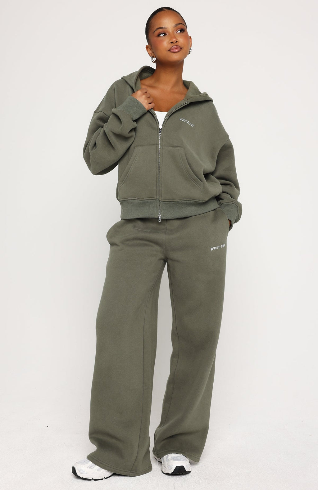 White Fox Test Drive Boxy Zip Front Hoodie Khaki