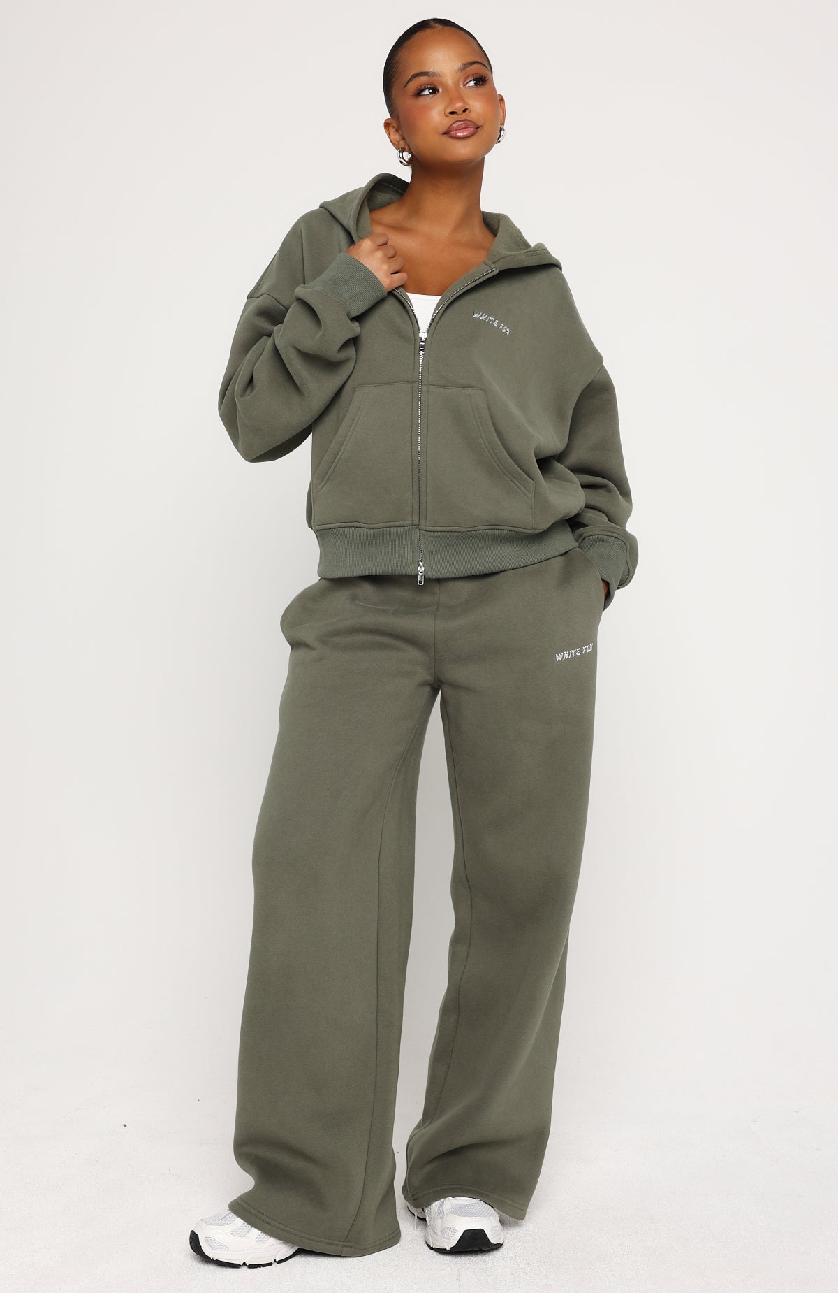 White Fox Test Drive Boxy Zip Front Hoodie Khaki