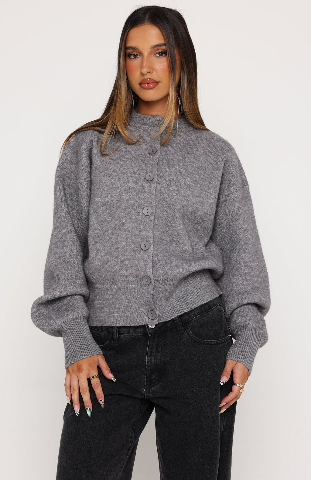 White Fox Filipa Knit Cardigan Grey Marle