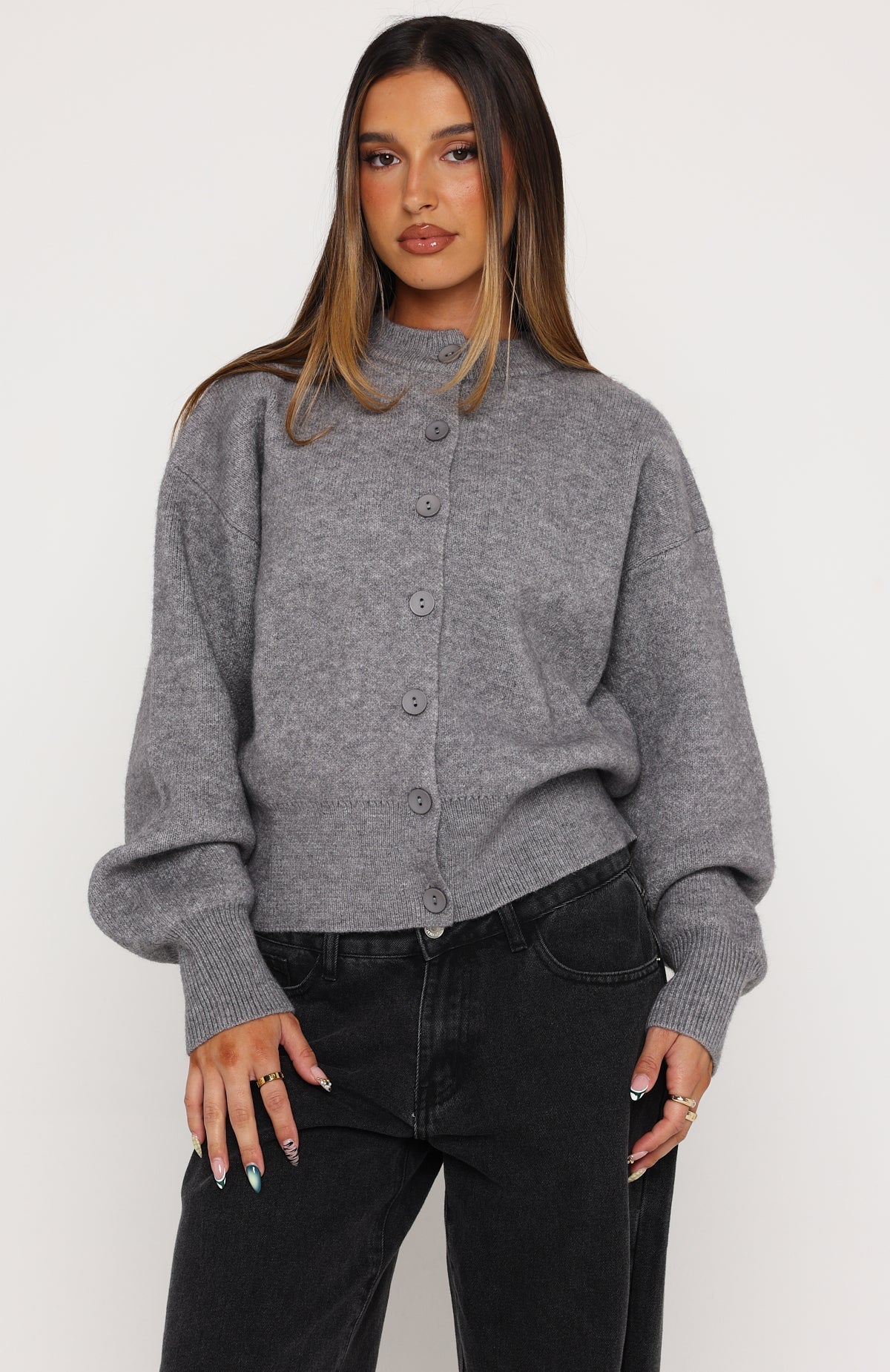 White Fox Filipa Knit Cardigan Grey Marle