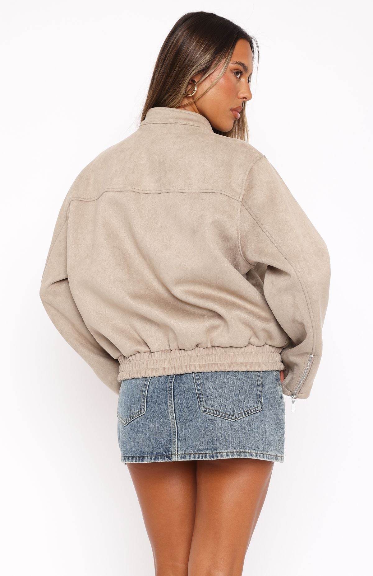 White Fox Watchin' Out Faux Suede Bomber Jacket Sand