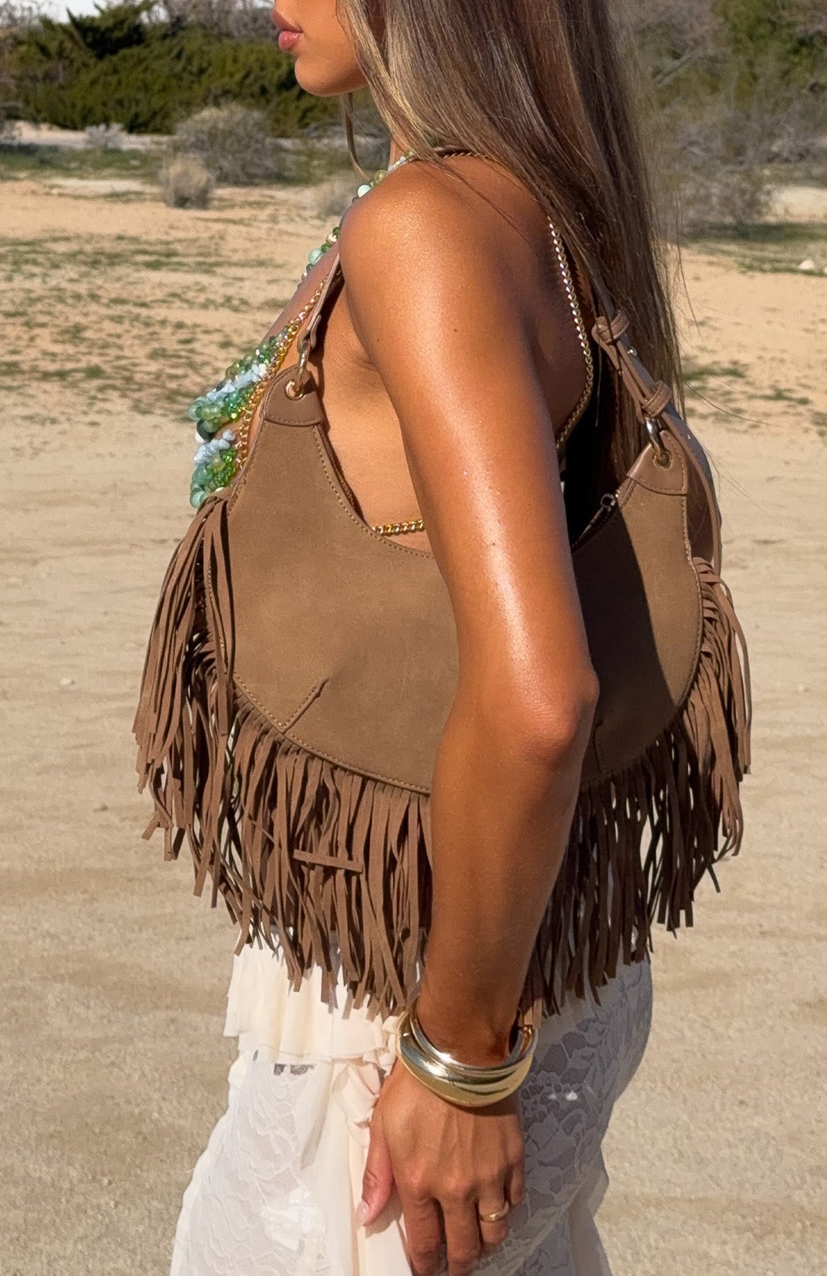 White Fox Wells Shoulder Bag Taupe Faux Suede