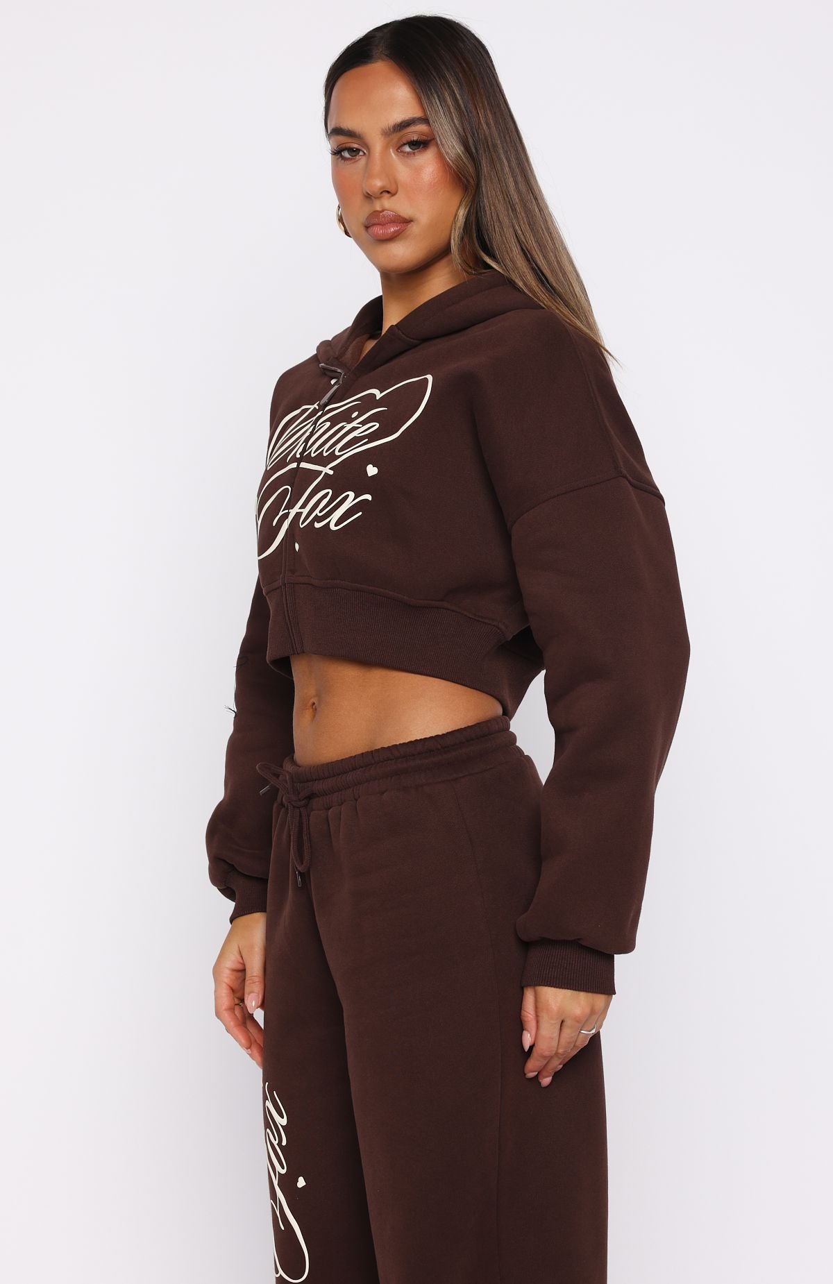 White Fox Love You Regardless Cropped Zip Front Hoodie Chocolate