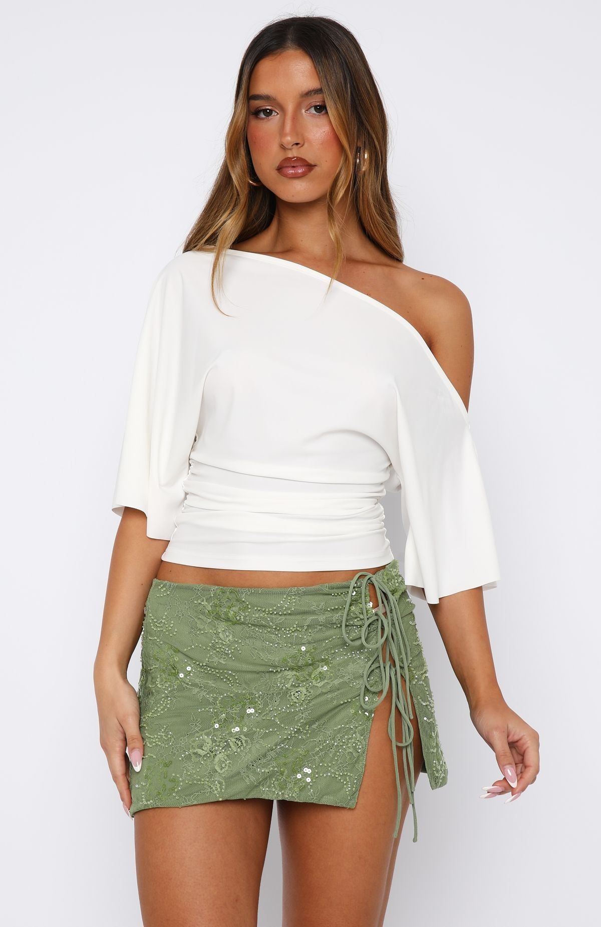 White Fox Goddess You Sequin Mini Skirt Sage