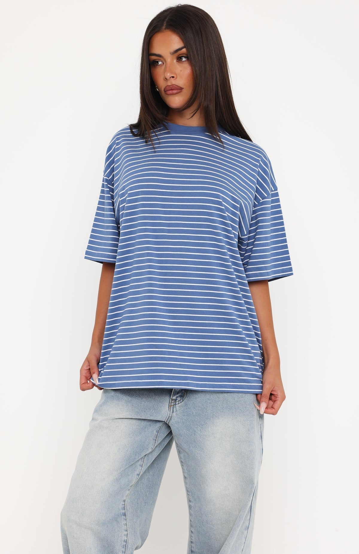 White Fox Touchdown Oversized Tee Blue/White Stripe