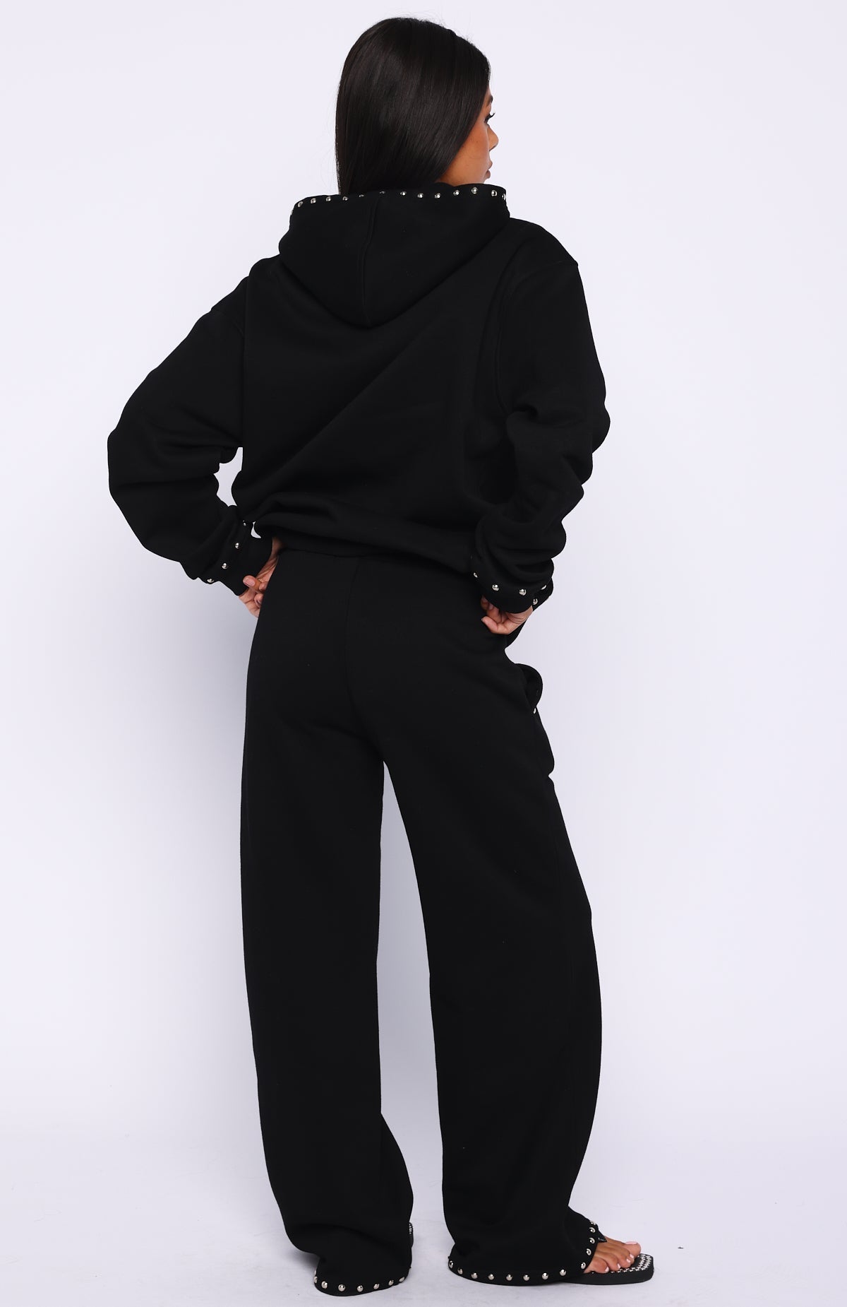 White Fox Glow Your Own Way Studded Wide Leg Sweatpants Black
