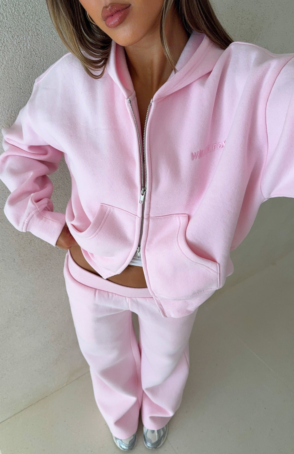 White Fox Come A Long Way Boxy Zip Front Hoodie Pink